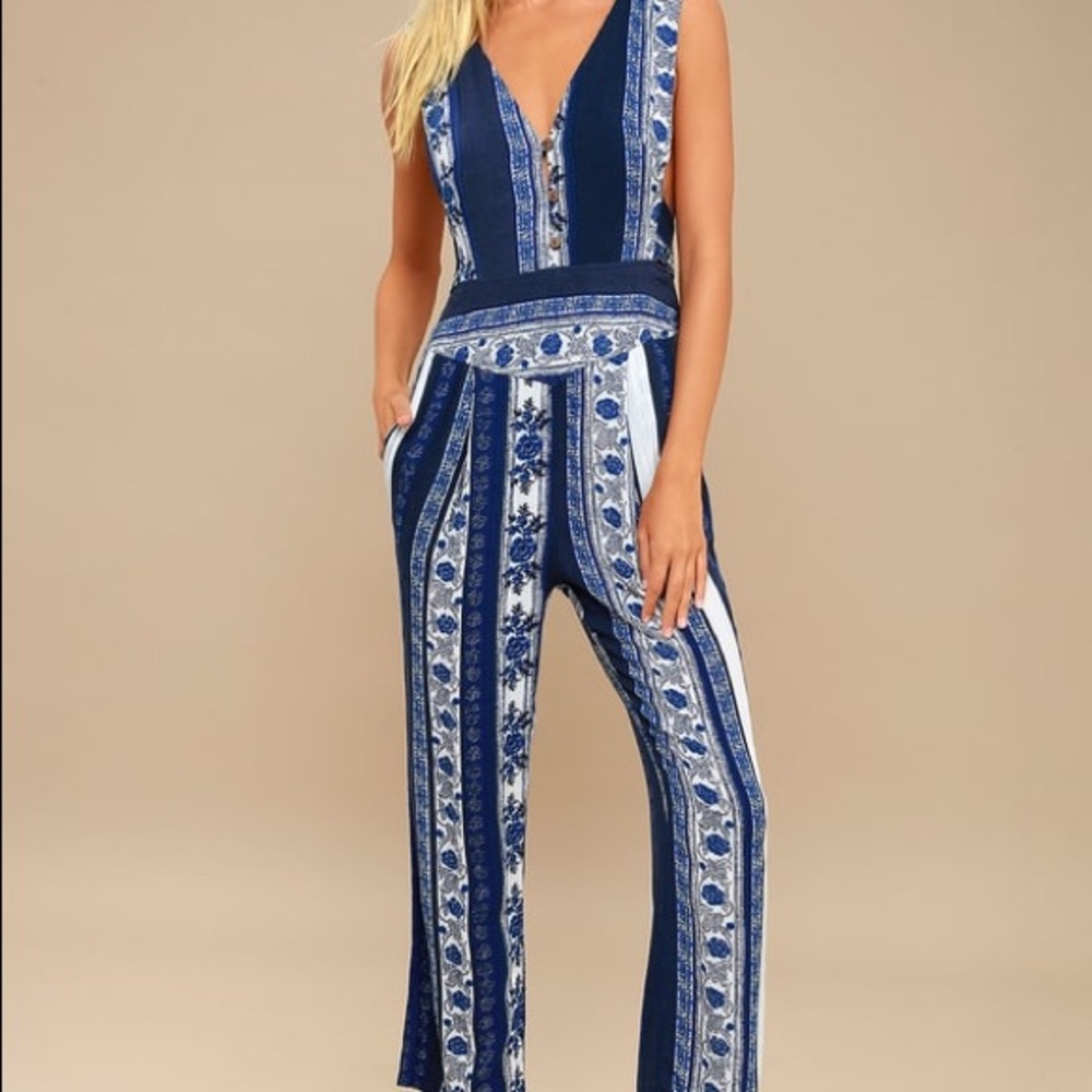 Free People All Shook Up Blue Print Jumpsuit